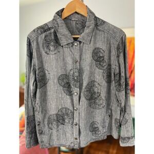 Chicos Gray Button Down Long Sleeve Top Medallion Print Women's Shirt M/L